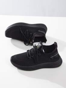 Women's Mesh Breathable Flat Soft Comfortable Casual Sports Sneakers - Black - View 5