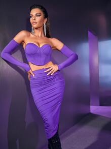 SHEIN BAE Tube Crop Top & Ruched Asymmetrical Hem Skirt & Sleeves - Violet Purple - View 2