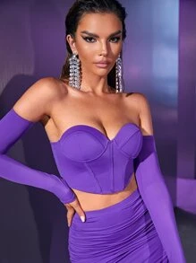 SHEIN BAE Tube Crop Top & Ruched Asymmetrical Hem Skirt & Sleeves - Violet Purple - View 7