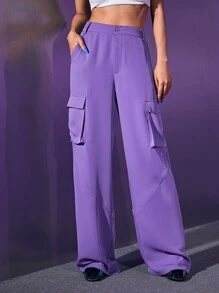 SHEIN BAE Flap Pocket Cargo Trousers - Violet Purple - View 3