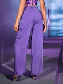 SHEIN BAE Flap Pocket Cargo Trousers - Violet Purple - View 6