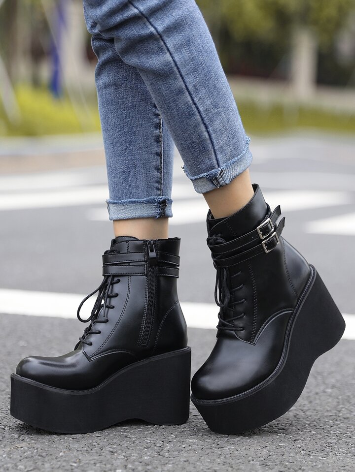 Double Buckle Zip Side Lace up Front Wedge Boots
