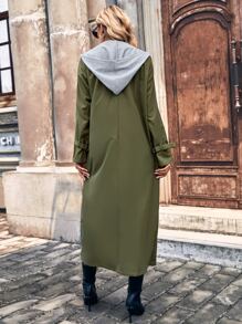 Single Breasted Hooded Trench Coat - Army Green - View 2