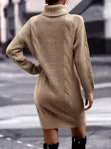 SHEIN LUNE Turtleneck Drop Shoulder Cable Knit Sweater Dress - Khaki - View 2