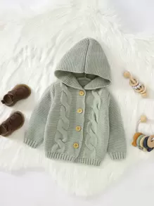Baby Cable Knit Button Up Hooded Cardigan - Mint Green - View 1