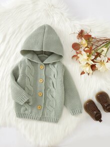 Baby Cable Knit Button Up Hooded Cardigan - Mint Green - View 4