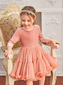 SHEIN Contrast Mesh Frill Trim Flower Young Girl Dress - Coral Pink - View 1