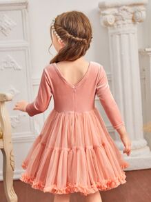 SHEIN Contrast Mesh Frill Trim Flower Young Girl Dress - Coral Pink - View 2