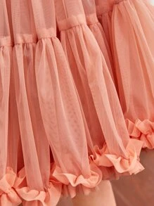 SHEIN Contrast Mesh Frill Trim Flower Young Girl Dress - Coral Pink - View 3