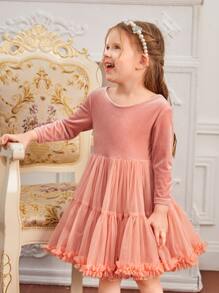 SHEIN Contrast Mesh Frill Trim Flower Young Girl Dress - Coral Pink - View 4