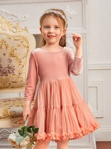 SHEIN Contrast Mesh Frill Trim Flower Young Girl Dress - Coral Pink - View 5