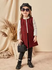 SHEIN Toddler Girls Houndstooth Print Open Front Vest Coat - Burgundy - View 1