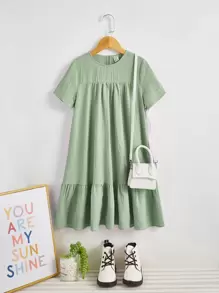 SHEIN Leap Crew Tween Girl Keyhole Back Ruffle Hem Smock Dress Without Bag - Mint Green - View 1