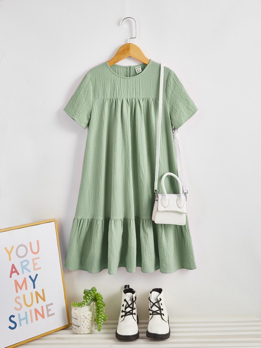 SHEIN Leap Crew Tween Girl Keyhole Back Ruffle Hem Smock Dress Without Bag - Mint Green - View 1