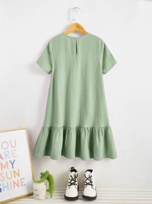 SHEIN Leap Crew Tween Girl Keyhole Back Ruffle Hem Smock Dress Without Bag - Mint Green - View 2