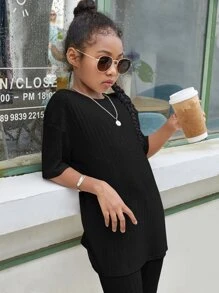 SHEIN 2pcs/Set Tween Girl Solid Color Drop Shoulder Short Sleeve T-Shirt And Bike Shorts - Black - View 1