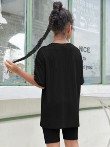 SHEIN 2pcs/Set Tween Girl Solid Color Drop Shoulder Short Sleeve T-Shirt And Bike Shorts - Black - View 2