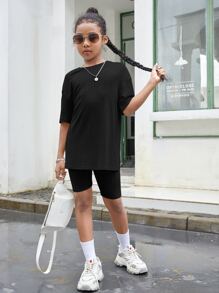 SHEIN 2pcs/Set Tween Girl Solid Color Drop Shoulder Short Sleeve T-Shirt And Bike Shorts - Black - View 4
