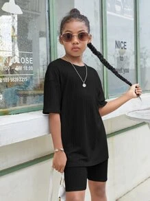 SHEIN 2pcs/Set Tween Girl Solid Color Drop Shoulder Short Sleeve T-Shirt And Bike Shorts - Black - View 5