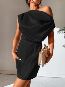 SHEIN Privé Asymmetrical Neck Satin Dress - Black - View 4