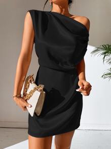 SHEIN Privé Asymmetrical Neck Satin Dress - Black - View 5