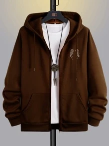Manfinity EMRG Men Wings And Letter Graphic Drawstring Thermal Lined Hoodie - Coffee Brown - View 2