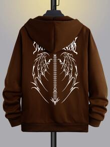 Manfinity EMRG Men Wings And Letter Graphic Drawstring Thermal Lined Hoodie - Coffee Brown - View 3