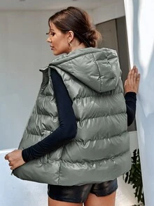 Zip Up Hooded Puffer Vest Coat - Silver - View 2