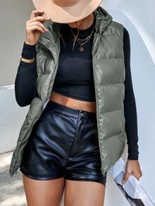 Zip Up Hooded Puffer Vest Coat - Silver - View 3