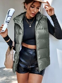 Zip Up Hooded Puffer Vest Coat - Silver - View 5