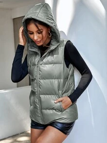 Zip Up Hooded Puffer Vest Coat - Silver - View 6