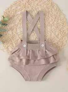 Bebé Shorts de tiras de espalda con tira cruzada ribete con fruncido tejido - Caqui - Ver 1