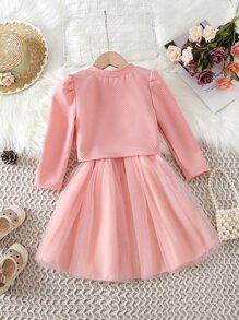 SHEIN Chica Joven Vestido de fiesta aplique bajo con malla & Cazadora de manga farol