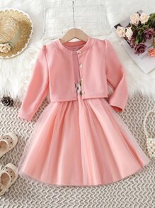 SHEIN Chica Joven Vestido de fiesta aplique bajo con malla & Cazadora de manga farol