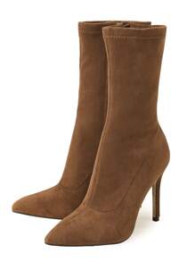 Suedette Point Toe Stiletto Heeled Sock Boots - Brown - View 4