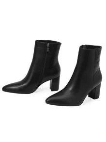 Wear With Skirt,Women's Chunky/Medium Heel Black Ankle Boots, Versatile Warm Leather Shoes With Zipper For Autumn/Winter