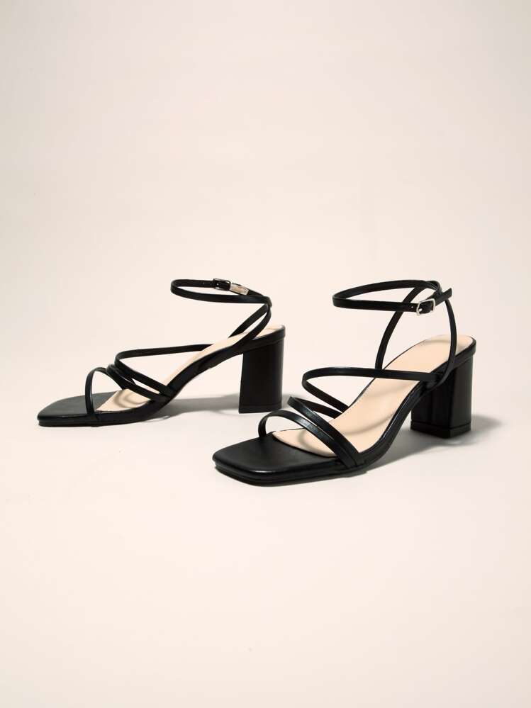 Sandalias de tacón grueso con plataforma y puntera abierta para mujer con correa en el tobillo para verano y primavera, transpirables y cómodas, color sólido (negro) - Negro - Añade 3