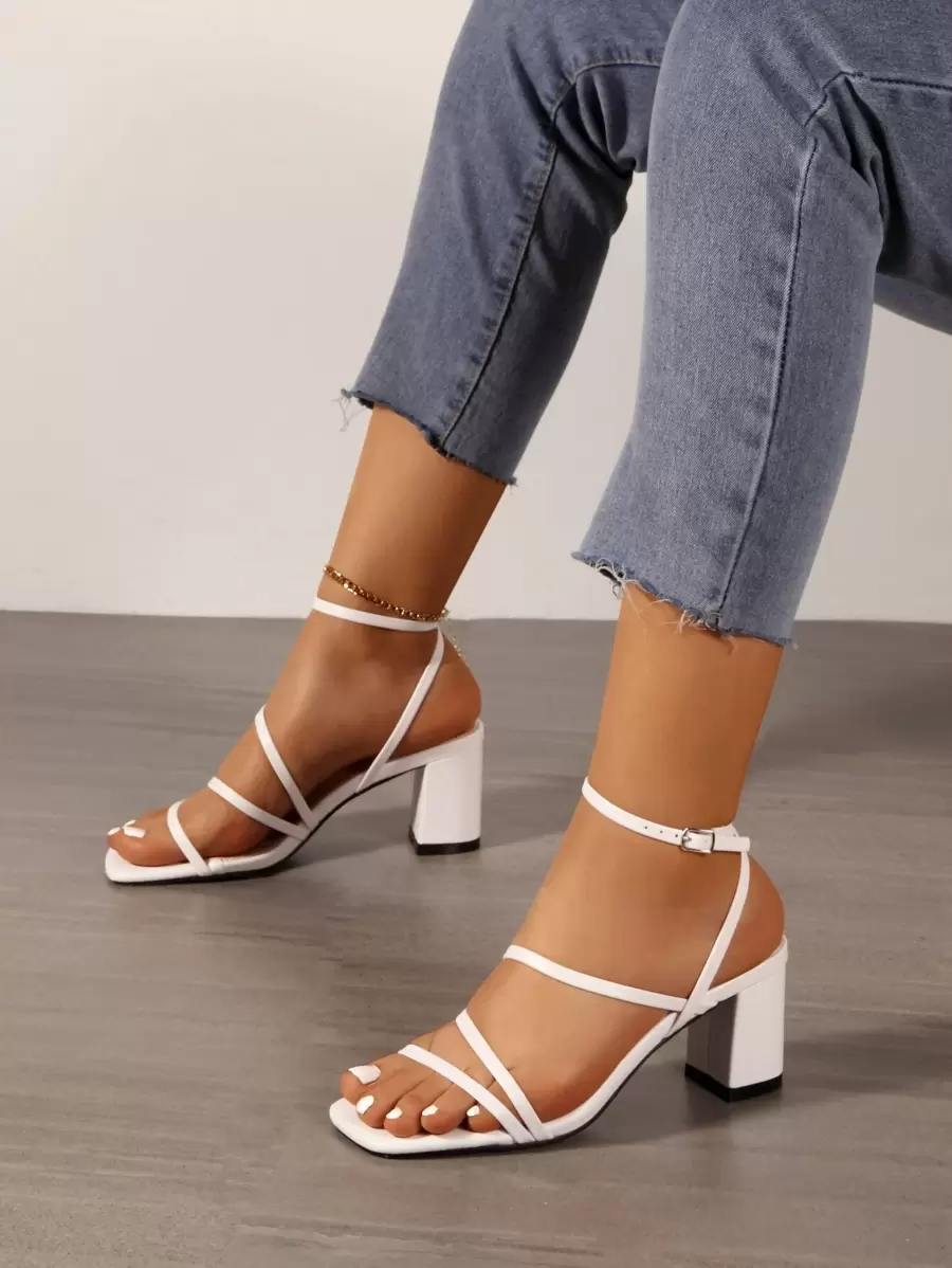 Women's Summer Breathable Stripe White Chunky Heel Strap Open-Toe Casual Roman Sandals - White - View 1