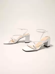 Women's Summer Breathable Stripe White Chunky Heel Strap Open-Toe Casual Roman Sandals - White - View 3