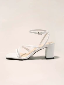Women's Summer Breathable Stripe White Chunky Heel Strap Open-Toe Casual Roman Sandals - White - View 4
