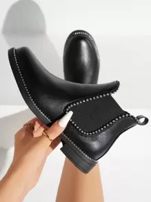 planare Sandalias con correa de tobillo con decoración de perlas falsas y strass, diseño de flores en relieve, estilo perfecto para combinarse con leggings y pantalones. Tacón alto, grueso o medio, diseño calado. Combina con vestidos, monos y otros estilos versátiles en blanco o negro. - Negro - Ver 2