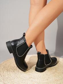 planare Sandalias con correa de tobillo con decoración de perlas falsas y strass, diseño de flores en relieve, estilo perfecto para combinarse con leggings y pantalones. Tacón alto, grueso o medio, diseño calado. Combina con vestidos, monos y otros estilos versátiles en blanco o negro. - Negro - Ver 3