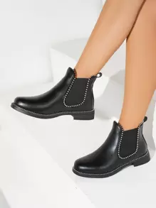 planare Sandalias con correa de tobillo con decoración de perlas falsas y strass, diseño de flores en relieve, estilo perfecto para combinarse con leggings y pantalones. Tacón alto, grueso o medio, diseño calado. Combina con vestidos, monos y otros estilos versátiles en blanco o negro. - Negro - Ver 6