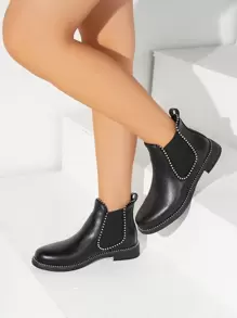 planare Sandalias con correa de tobillo con decoración de perlas falsas y strass, diseño de flores en relieve, estilo perfecto para combinarse con leggings y pantalones. Tacón alto, grueso o medio, diseño calado. Combina con vestidos, monos y otros estilos versátiles en blanco o negro. - Negro - Ver 5