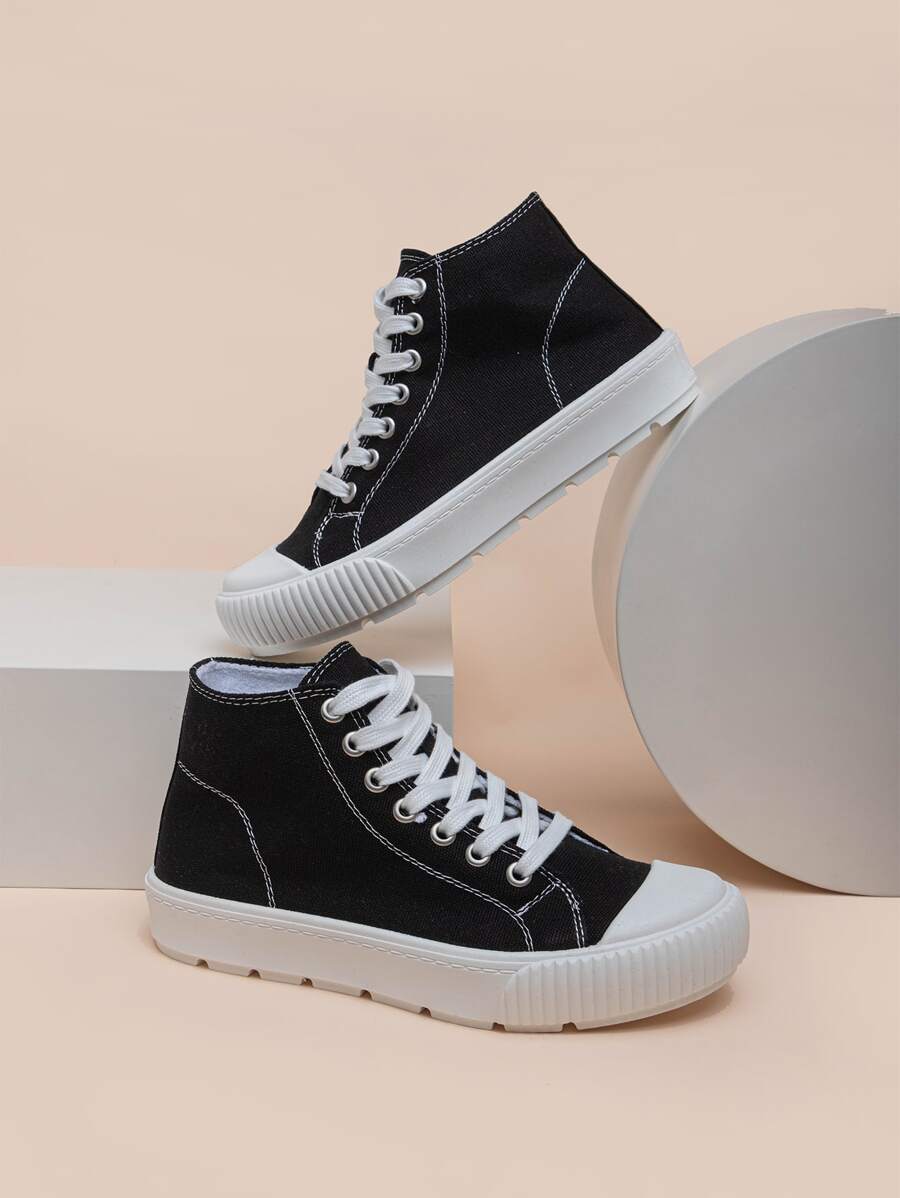 High Top Lace-up Front Canvas Shoes - Black - View 1