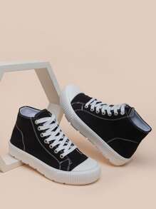High Top Lace-up Front Canvas Shoes - Black - View 3