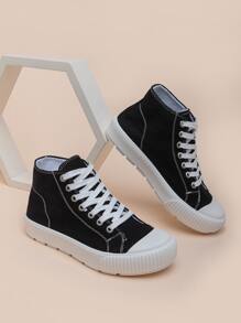 High Top Lace-up Front Canvas Shoes - Black - View 5