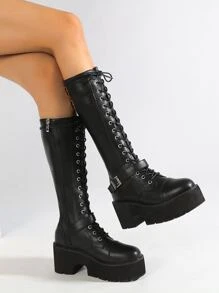 Botas de combate con diseño de hebilla con cordón delantero plataforma - Negro - Ver 2