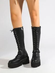 Botas de combate con diseño de hebilla con cordón delantero plataforma - Negro - Ver 3