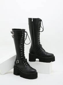 Botas de combate con diseño de hebilla con cordón delantero plataforma - Negro - Ver 4